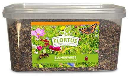 FLORTUS – Blumenwiese Saatgut für Bienen, Hummeln & Schmetterlinge – 10 Liter Eimer Wildblumenwiese Samen für 1.000-2.000 m² – bunte Wildblumensamen Mischung für eine insektenfreundliche Blumenwiese