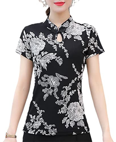 Sexy Cheongsam Shirt Vintage Blume Frauen chinesische traditionelle Qipao Bluse Sommer Kurzarm Tops D XL