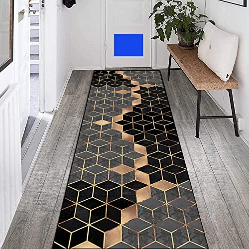 Teppich Läufer Flur rutschfest Meterware 80×500cm Geometrisch Schwarz Grau Golden Diamantgitter Küchenläufer Flurläufer Lang Polyester Teppichläufer, für Korridor Schlafzimmer Innen Wohnzimmer