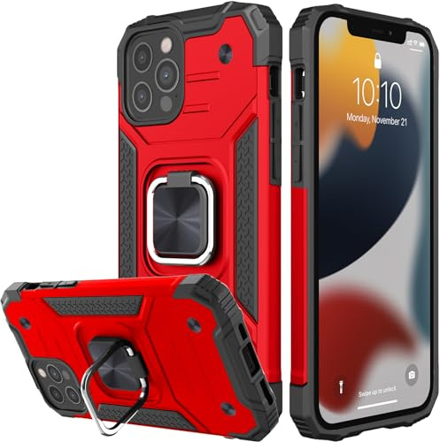 Honeyview ShockProof Case for iPhone 12/12 Pro with Ring Kickstand, Bumper Armour Phone Cover for Apple iPhone 12/12 Pro - Red