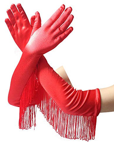 1 Paar Elastische Satin Brauthandschuhe Hochzeithandschuhe mit Quaste Ellenbogen Lange 1920er Stil Opernhandschuhe Tanzhandschuhe Party Kostüm Handschuhe Abendhandschuhe für Frauen Mädchen,Rot