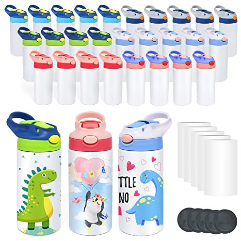Mocaru Kinder-Sublimationsbecher, 340 ml, Sublimationsflasche für Kinder, mit Ein-Klick-Pop-Up-Strohhalmdeckel und Griff, Edelstahl, isolierte Sublimation, Rohlinge mit Schrumpffolien, 30 Stück