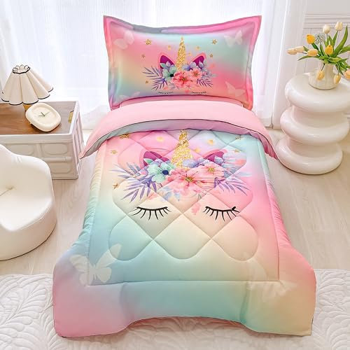 KINBEDY 4-teiliges Bettwäsche-Set für Kleinkinder, Regenbogen-Einhorn, Rosa, Blumenmuster, Schmetterling, Stern, Kinderbettlaken, Cartoon-Bettwäsche-Set für Babys, Kinder, inklusive Bettdecke,