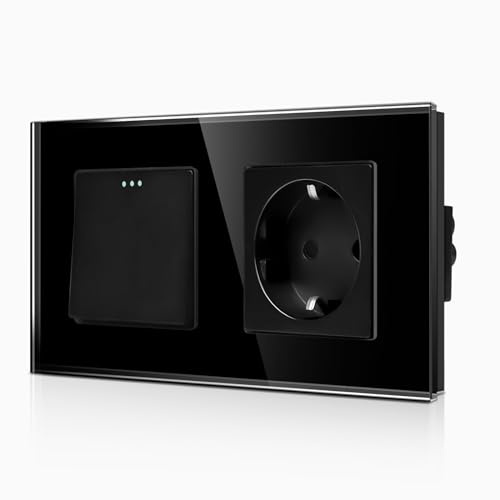 CNBINGO Schuko Steckdose mit Lichtschalter 1 Fach Glas Lichtschalter, Moderner Steckdose-Unterputz, Schwarz