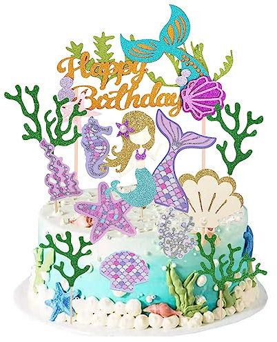 Meerjungfrau Tortendeko Geburtstag - Ocean Theme Cupcake Toppers, Happy Birthday Kuchendeko, Glitzer Torten Deko für Mädchen Frauen Mermaid Party