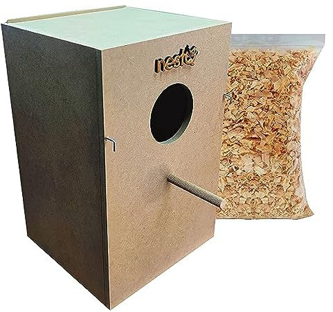 nestQ Nichoir pour nymphes 30 x 21,5 x 20,5 cm Taille M - Maison d'élevage en bois avec copeaux - Grand nid de nymphes, carolines, cacatoès, pyrrhuras - Nichoir en bois vertical pour oiseaux
