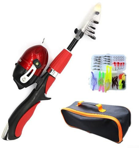 DAZZLEEX Ensemble Canne à Pêche Télescopique Portable pour Enfants avec Moulinet (Rouge)