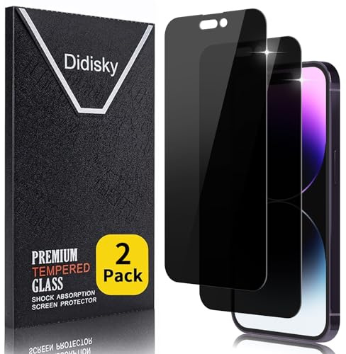 Didisky 2 Pezzi Privacy Pellicola Protettiva in Vetro Temperato per iPhone 14 Pro 6.1'', Tocco Morbido,Facile da installare, Anti-Spy, Protezione Schermo