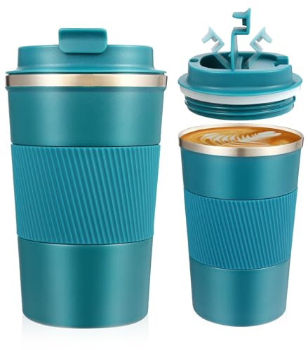 Senshuomy Travel Mug, Insulated Coffee Cup with Leakproof Lid, Reusable Coffee Cups Travel Cup, Stainless Steel thermaol Mug for Hot Cold Drinks (Blue 380ml)