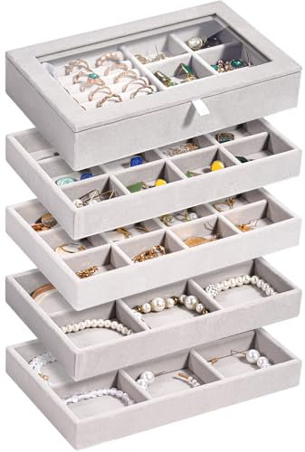 ProCase 5er-Set Schmucktablett Organizer mit Deckel, jewelry organizer Schmuckschale, Stapelbar Schmuck Schublade Organizer, Schmuckaufbewahrung für Ohrringe Ringe - Mittel, Grau