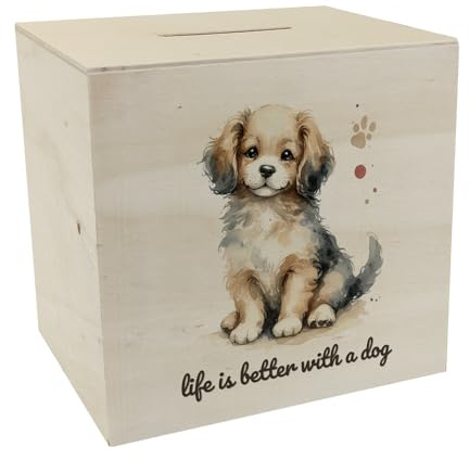 niedlicher Hund Spardose aus Holz mit Spruch Life is Better with a Dog Klein Süß Niedlich Sitzen Haustier Figur