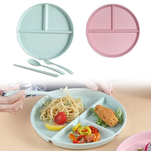 Geteilte Speiseteller Sets, 2 Stück Unterteilungen Diät Teller mit 3 Fächern, Portionskontrolle Geteilte Wiederverwendbares Dessertteller für Kinder, Erwachsene, 9 Zoll