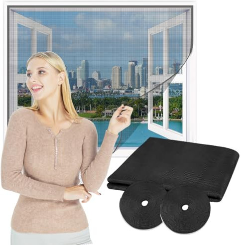 Flintronic Fliegengitter Fenster, Flammhemmendes Fiberglas Fliegengitter 150 x 180 cm, Schneidbar Insektenschutz Moskitonetz, mit 2 Rollen Klettverschluss, DIY Insektengitter ohne Bohren(Schwarz)