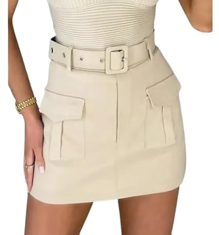 Pure Fashion UK® Women's Cargo Pocket Viral Skirt Ladies Summer Casual Belted Bukle Elastic Waist Mini Skort (Beige, XXL)