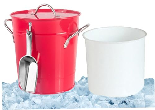 SMELEYOU Ice Bucket with Lid and Ice Scoop Vintage Metal Champagne Bucket Insulated Wine Bucket with Handle Keeps Beers Cold for Home Bar Party Red Home Indoor Use