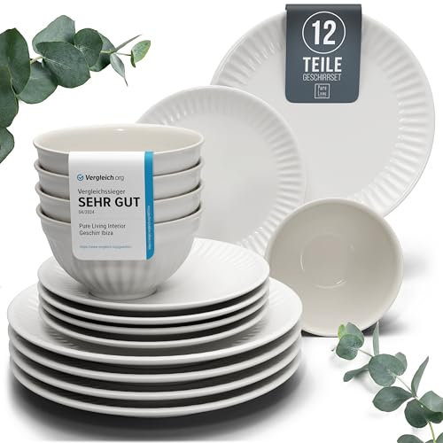 Set di stoviglie in gres 4 persone Hygge 12 pezzi. TESTSIEGER, Incanto set di stoviglie in gres scandinavo, set di ciotole e piatti, servizio da tavola per 4 persone, set di stoviglie Pure Living in