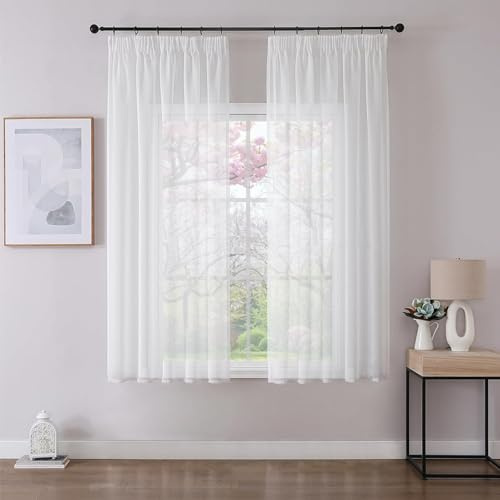 Joydeco 2er Set H137 x B140 cm Weiß Kurz Vorhänge für Schienensystem Schiene Gardinen Transparent Vorhang Durchlässig Curtains Modern Living Room
