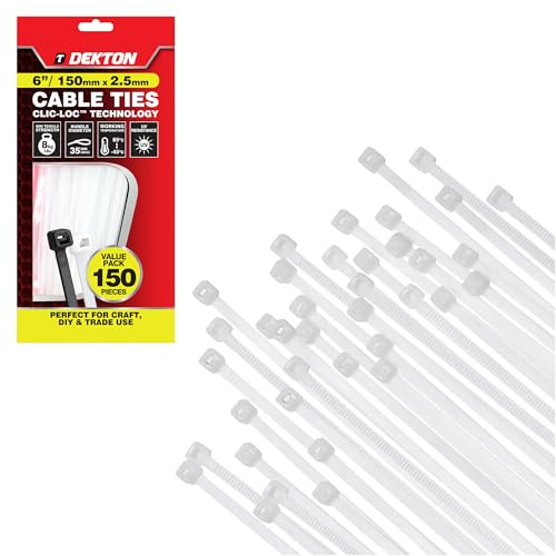 Dekton 150PC Cable Tie Set - 2.5MM X 150MM White | Heavy Duty Industrial Strength | High Temperature Resistant | Self-Locking Teeth | Ideal for Cables, Piping, Gardening & Wires | Indoor & Outdoor Use