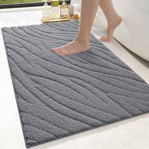 DEXI Badezimmerteppich 61 x 110 cm, weicher Badvorleger Maschinenwaschbar, Badematte rutschfest, Badematten & Badteppiche für Dusche, Badewannen, Toilette Deko, Grau