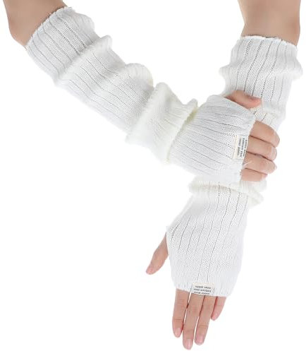 Ouligay Arm Warmers Winter Gestrickte Armstulpen Damen Handstulpen Weiche Arm Stulpen Damen Weiß Warm Armwärmer, Lang Fingerlose Handschuhe mit Daumenloch für Mädchen Kinder Winter