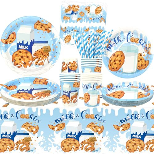 Fournitures de fête au lait et biscuits – Vaisselle de fête au lait et biscuits – Assiettes à dessert, assiettes, tasses, serviettes, nappes, pailles pour lait et biscuits, fournitures de fête