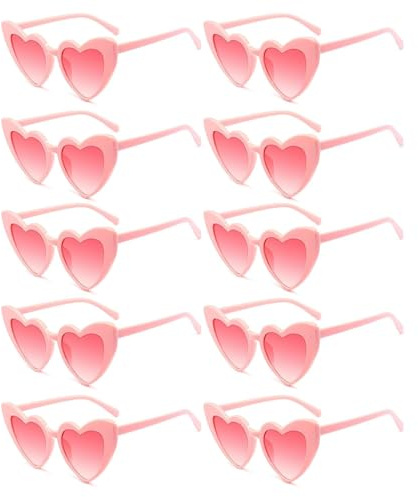 Lot de 10 paires de lunettes de soleil en forme de cœur - Noir - Pour femme, homme, enfant, fête, voyage, photographie, mariage, fête, festival
