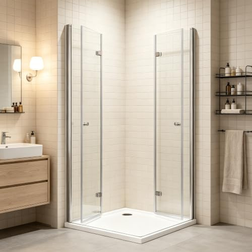 Duschkabine Eckeinstieg 90x90x185cm Doppel-Falttür Duschabtrennung | Kostenloser Versand | 6mm Sicherheitsglas | 180° Faltbar | Hebe-Senk-Mechanismus | Platzsparend | Leichte Reinigung