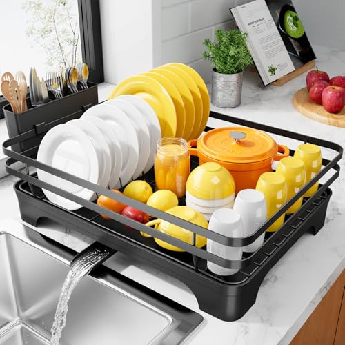 Kitsure Abtropfgestell Geschirr mit Besteckhalter,40 x 30,5 x 14 cm,Schwarz | Drehbarer Auslauf, Besteckhalter, rostbeständig, platzsparendes Design, für Geschirr, Besteck und Küchenutensilien