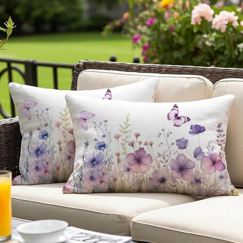 Vorysum Copri Cuscini Impermeabili 30x50 cm Set di 2 con Fiori Viola - Fodera Decorativa per Divano da Esterno, Giardino - Design Fresco Estate