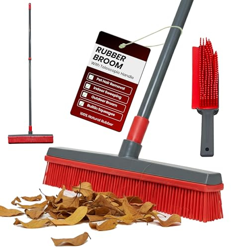 MEOWN Rubber Broom with Telescopic Handle, Pet Hair Remover for Carpets Rugs and Hard Floors, Rubber Bristle Floor Brush for Laminate Tile Patio and Wet and Dry Indoor Outdoor Cleaning