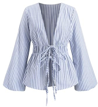 GORGLITTER Women's Striped Tie Front Top Blouse Deep V Neck Bell Long Sleeve Elegant Peplum Shirts Tops Vacation Beach Outfit Blue Large