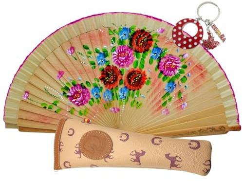 Planta Color - Ventaglio in legno con fiori dipinti a mano. Include una custodia artigianale realizzata in Spagna per proteggere il ventaglio. Magnete regalo con disegno di usanze spagnole, M