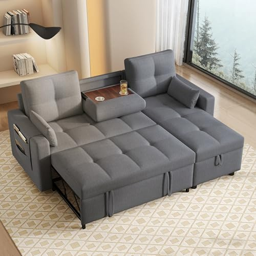 Wyibwy, Sofá esquinero en Forma de L, sofá Cama de 3 Plaza, Cama extraíble y portavasos Plegable, con Espacio de Almacenamiento, Tejido de Lino, para salón, Gris