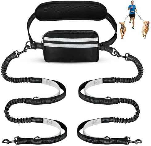 Risipu Correa de perro manos libres para 2 perros, cinturón ajustable con bolsa y soporte de cintura, costuras reflectantes elásticas absorbentes para correr, caminar, trotar (gris)