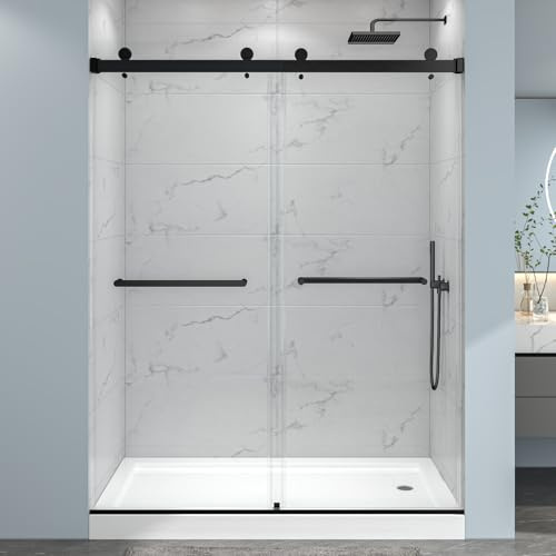 EPXMKX 55-60 W x 76 H Frameless Sliding Shower Door, Double Sliding Shower Door,5/16(8mm) Clear Tempered Glass,Bathroom Glass Door with Explosion-Proof Film (Matte Black 60 Wx76 H)