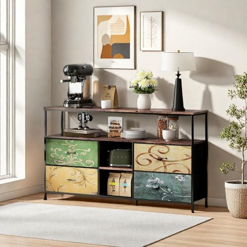 Plcnn Mueble de TV con LED, mueble de TV con 4 cajones de tela, mesa de televisión con 2 compartimentos abiertos, mueble de TV, estructura de acero, mueble bajo para TV para salón, dormitorio