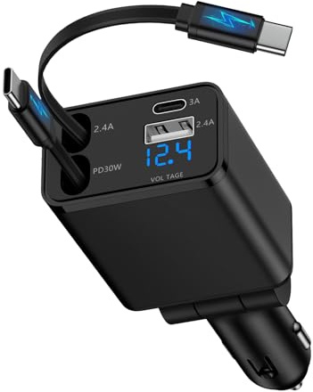 4 en 1 Rétractable Chargeur Allume Cigare USB C, Chargeur Voiture Charge Rapide avec Câble Type C, Prise Allume Cigare 12V pour iPhone 17 Pro 16e 15 14 13 12, Samsung Galaxy S25 Ultra S24 S23 S22 S21