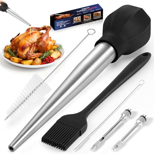 SCHVUBENR Stainless Steel Turkey Baster with Cleaning Brush, Needle & Oil Brush - Black