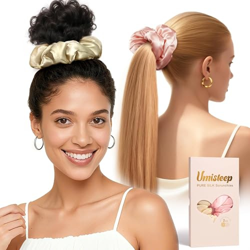 Umisleep Set med 2 överdimensionerade 100 % mullbärssilke scrunchies för kvinnor, stora hårband i rosa och champagne, mjuka hårband för tjockt och långt hår, mot frissigt & hårbrott, utan avtryck