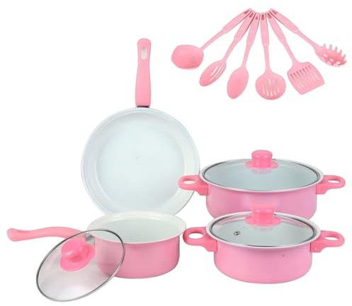 Juego de ollas y sartenes, juego de ollas y sartenes de hierro fundido, 13 piezas de utensilios de cocina lindos antiadherentes, incluye tapas, utensilios de cocina de inducción con mango cómodo, sin