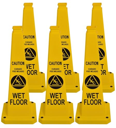 BESEA Caution Wet Floor Sign 6 Pack, 36 Heavy Duty Safety Cone with Weighted Base, Yellow 4-Sided Bilingual Warning Sign, Non-Slip Floor Safety Cone for Restaurants, Stores, Schools, Hotels