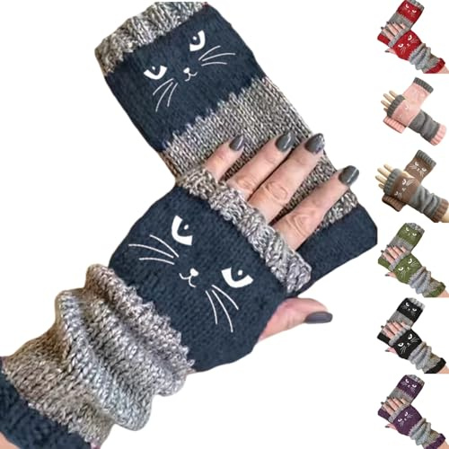 Women's Fingerless Gloves with Cat Embroidery – Cozy Knit Winter Gloves for Cold Weather, Soft & Stylish Cat Design (C)