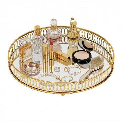 Goldenes Glas Dekotablett Vintage Make-up Veranstalter, Goldfarbenes Glas-Tablett Parfüm-Organizer Make-up-Tablett, für Parfümflaschen Ringe Kosmetik (Rund)