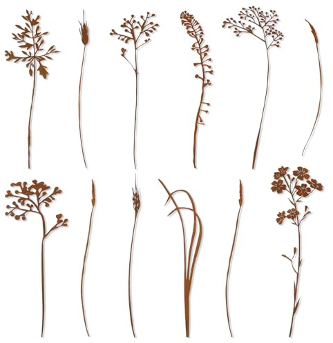 RumonZS 12 Pack Rusty Metal Flowers and Plants Rusty Metal Garden Stakes Decor for Outside Yard Art Decorative Garden Stakes Potted Plants Lawn Yard Walkway and Flower Garden Outside Lawn Patio Decor