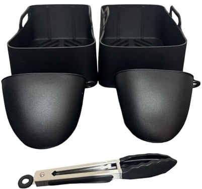 Silicone Air Fryer Liner 2 Pack with Mini Silicone Gloves & Silicone Tip Tong - Reusable Non-Stick 3 in 1 Air Fryer Black Air Fryer Liners - Ninja and Square Air Fryers - Air Fryer Accessories Set