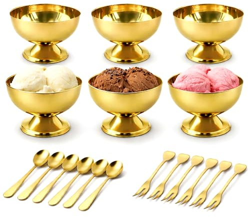 Wenfubrixa 6-teiliges Eisschalen-Set, Edelstahl, Dessertschalen, wiederverwendbar, Eisbecher, kleiner Fuß, Joghurt-Snack, Süßigkeitenschüssel zum Servieren von Obst (Golden)