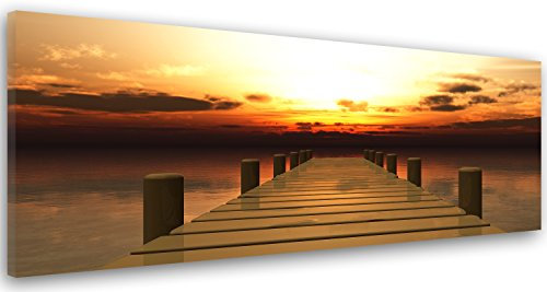 Feeby Bilder Steg Meer Wasser 150x50 cm Wohnzimmer Schlafzimmer Büro Flur Küche Wandbilder Modern Bild auf Leinwand Wanddekoration Kunstdruck Design Sonnenuntergang Aussicht Braun