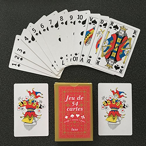 1 jeu de 54 cartes : poker, belote, rami, piquet, manille, bridge, l'excuse, le barbu, coinche, ben laden, bataille, menteur, soufflette, big up, jeu des chevaliers, maitre du jeu, biskit, etc