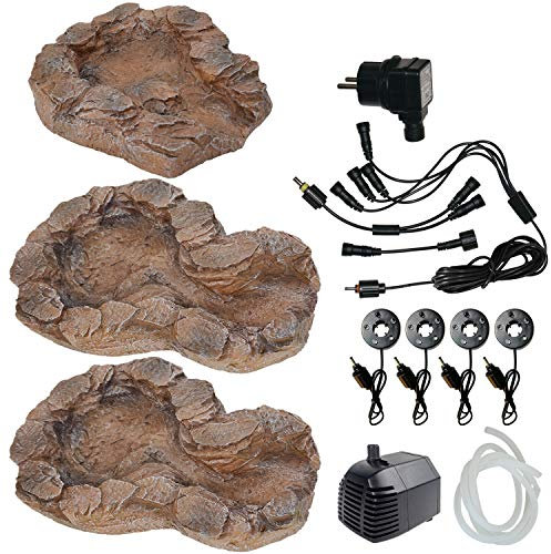 AMUR Ruisseau de Source Grès avec Lumière LED - Kit 230V Bain d'oiseaux Cascade, Lampe de Jardin