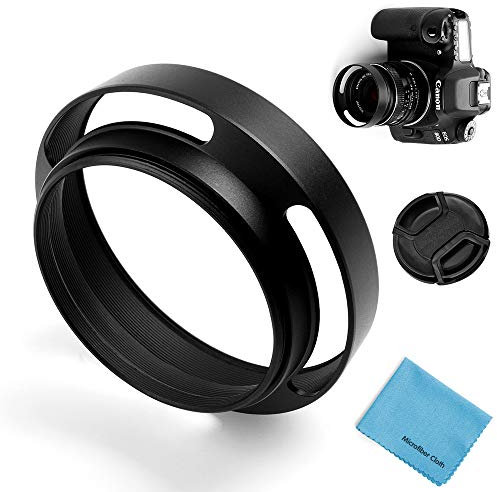 52mm Hollow Lens Hood,Fotover Universal Metal Hollow Tilted Vented Curved Lens Hood with Centre Pinch Lens Cap for Leica Canon Nikon Sony Pentax Olympus Fuji Camera + Microfiber Cleaning Cloth